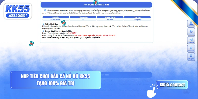 Nạp tiền chơi bắn cá nổ hũ KK55 tặng 100% giá trị