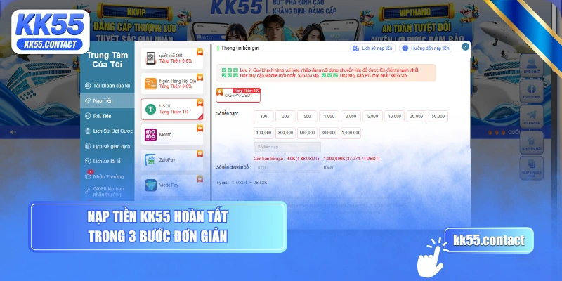 Nạp tiền KK55 hoàn tất trong 3 bước đơn giản